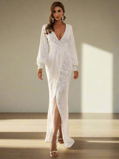 Lace Gown with Deep V-Neck & Side Slit
