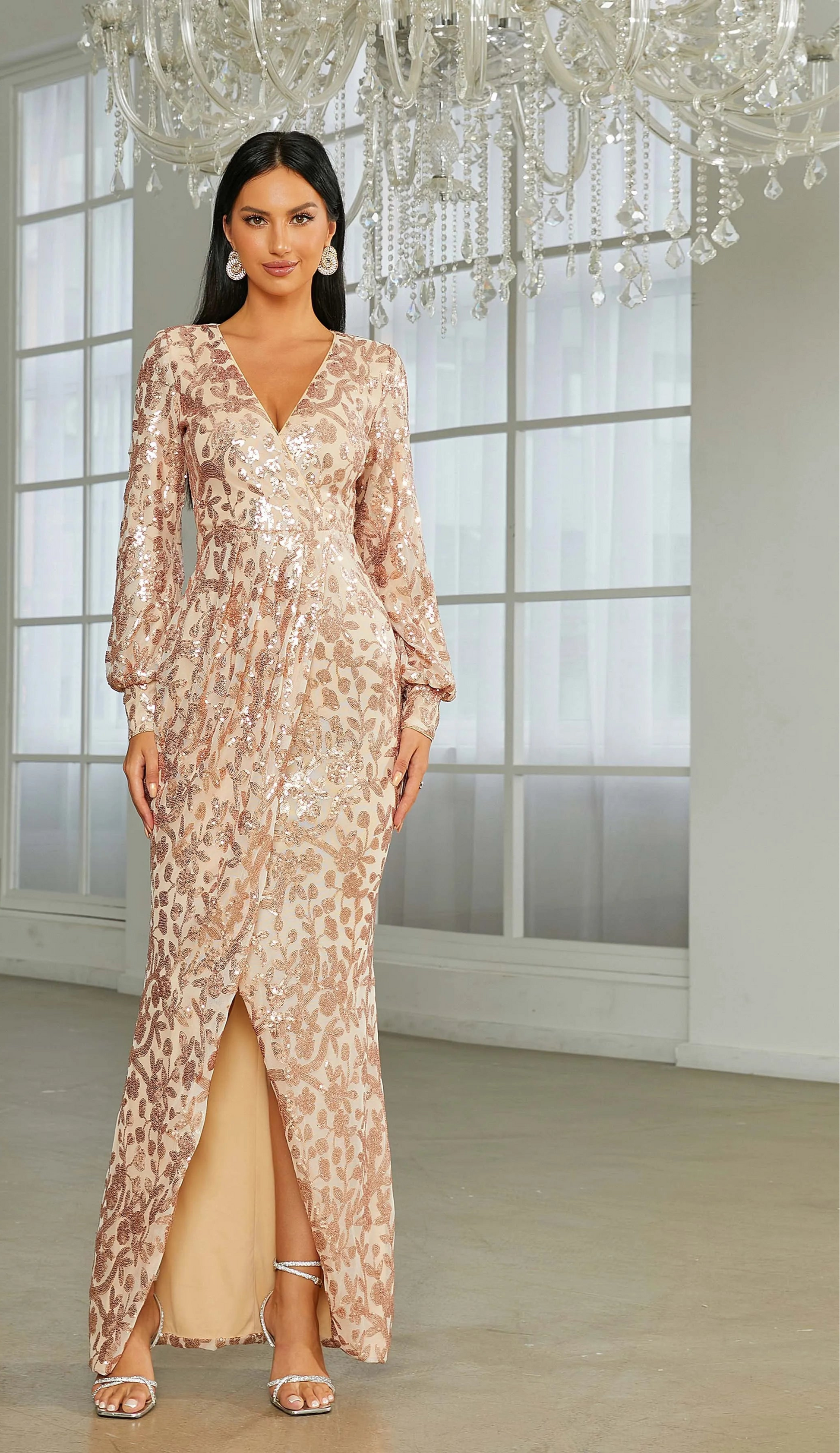 Lace Gown with Deep V-Neck & Side Slit