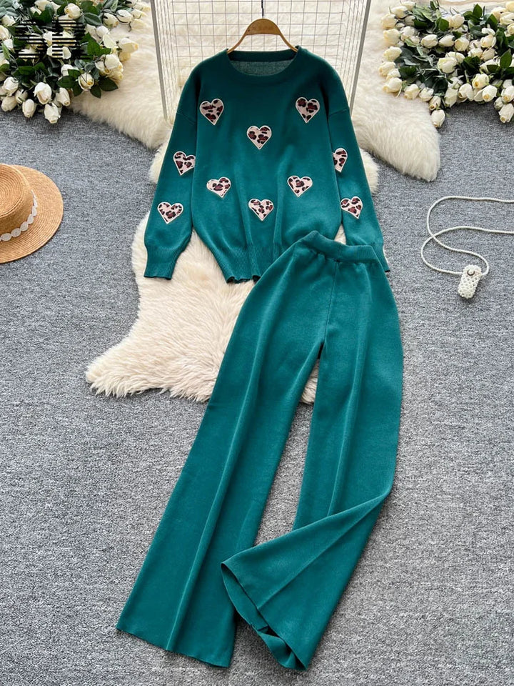  Leopard Heart Knit Set