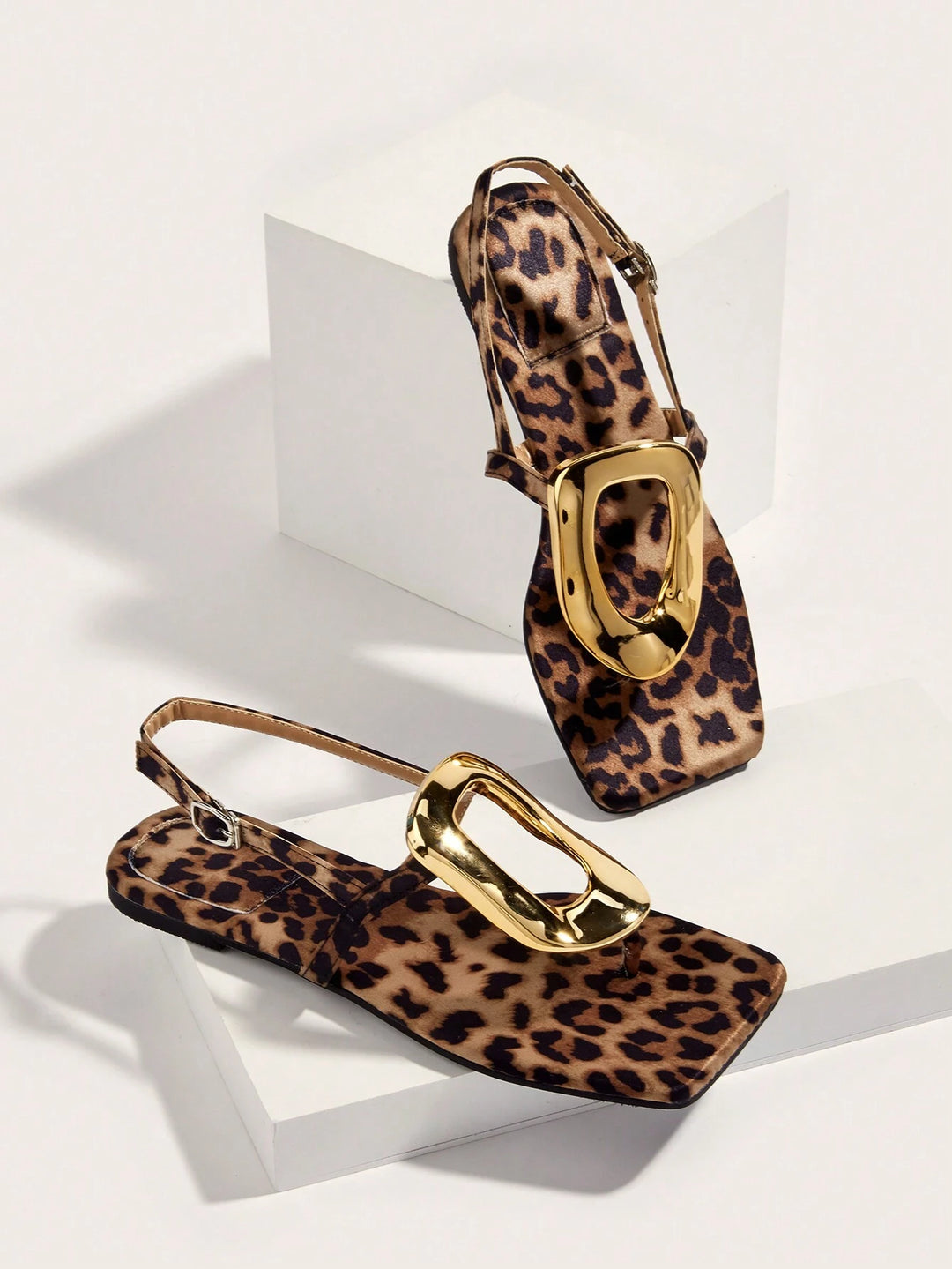  Leopard Print Square Toe Flat Sandals