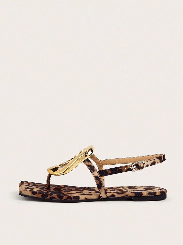  Leopard Print Square Toe Flat Sandals