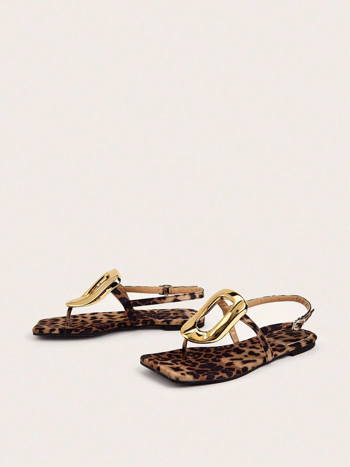  Leopard Print Square Toe Flat Sandals