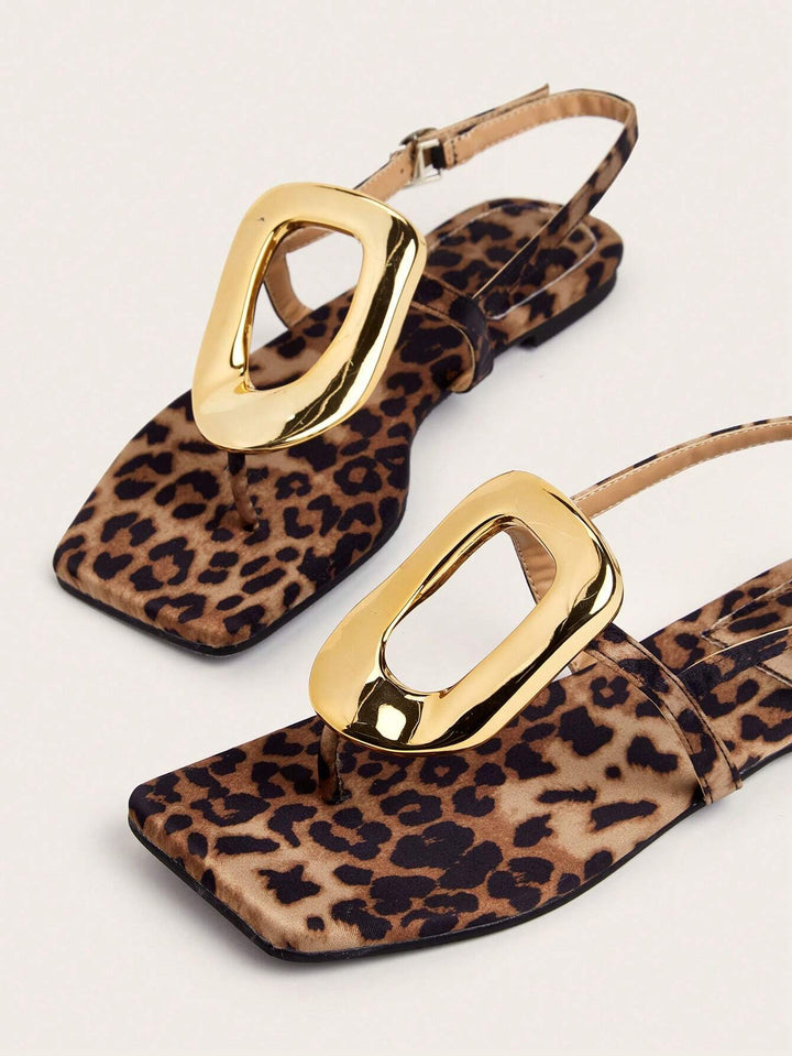  Leopard Print Square Toe Flat Sandals