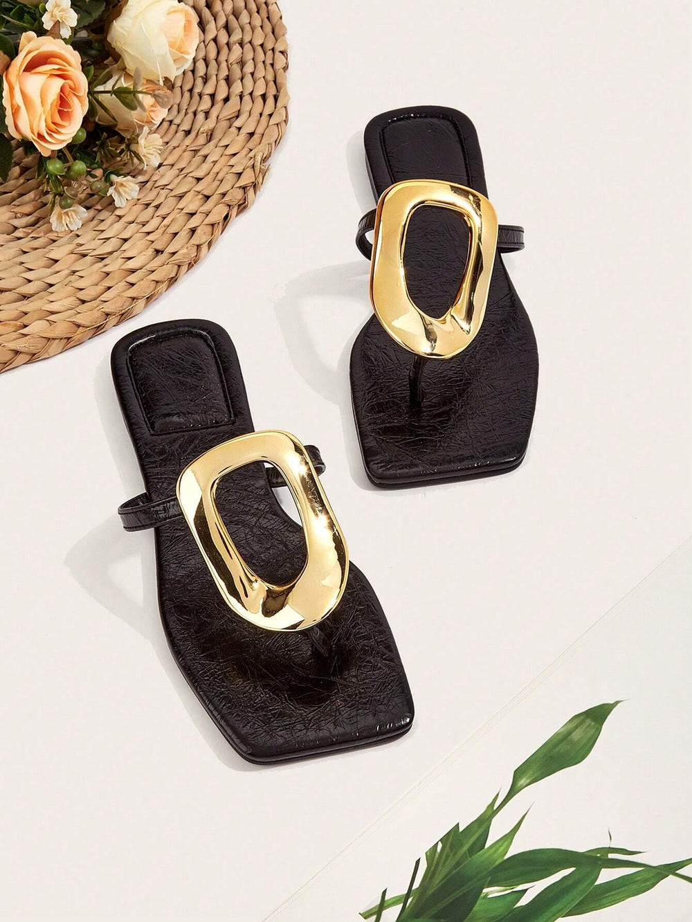  Leopard Print Square Toe Flat Sandals