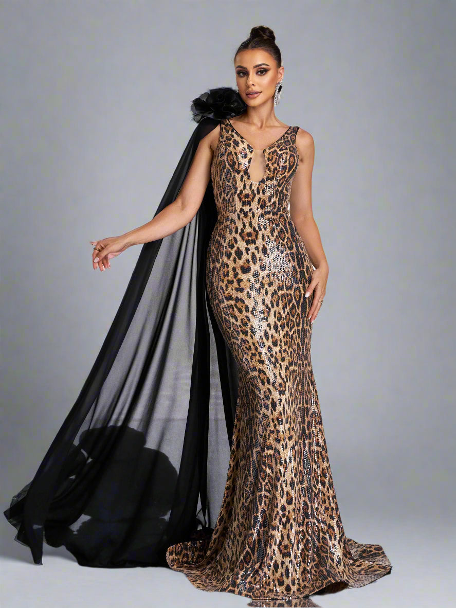  Leopard Sequin One-Shoulder Cape Gown