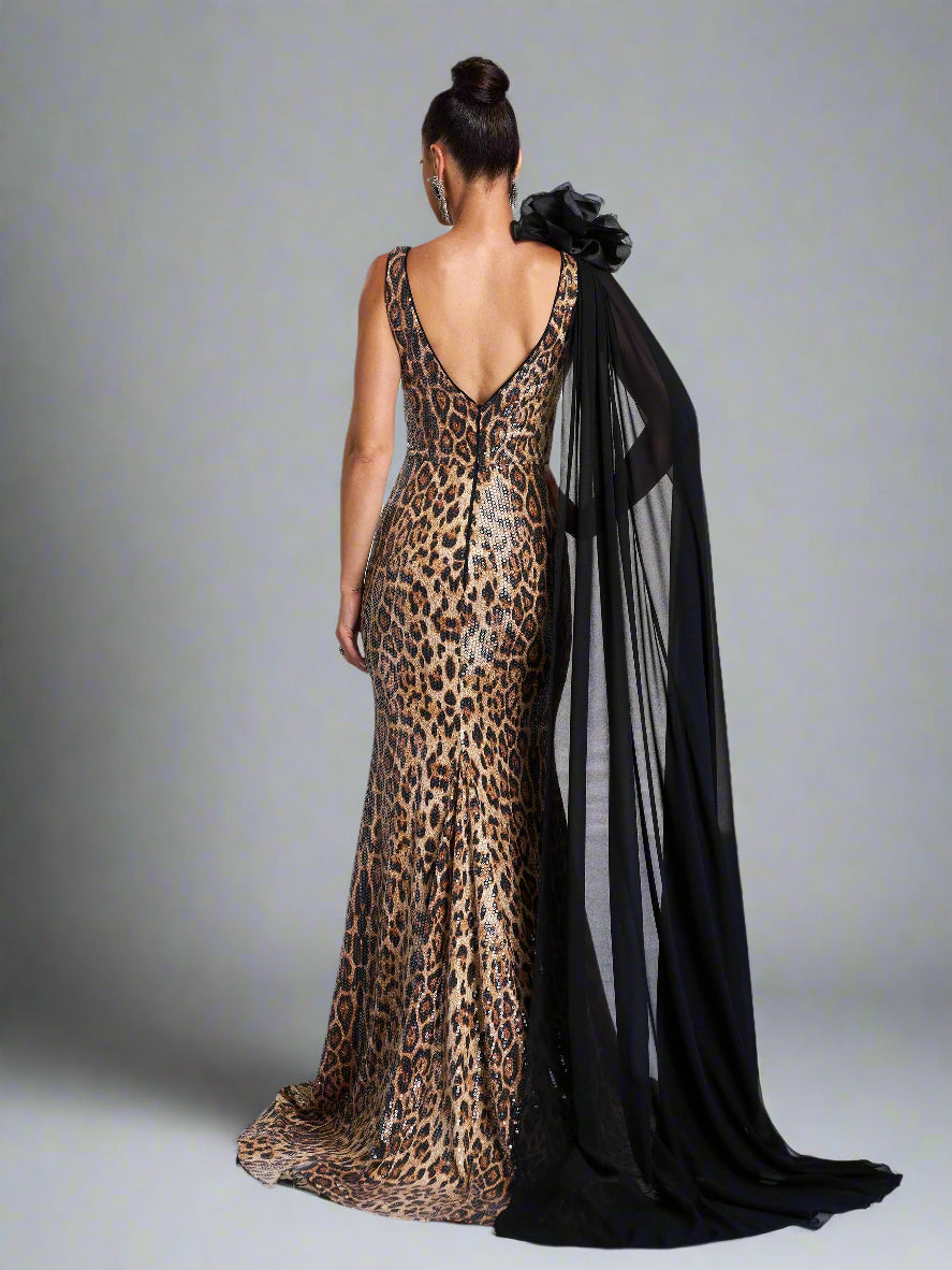  Leopard Sequin One-Shoulder Cape Gown