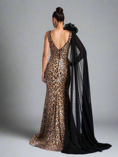  Leopard Sequin One-Shoulder Cape Gown