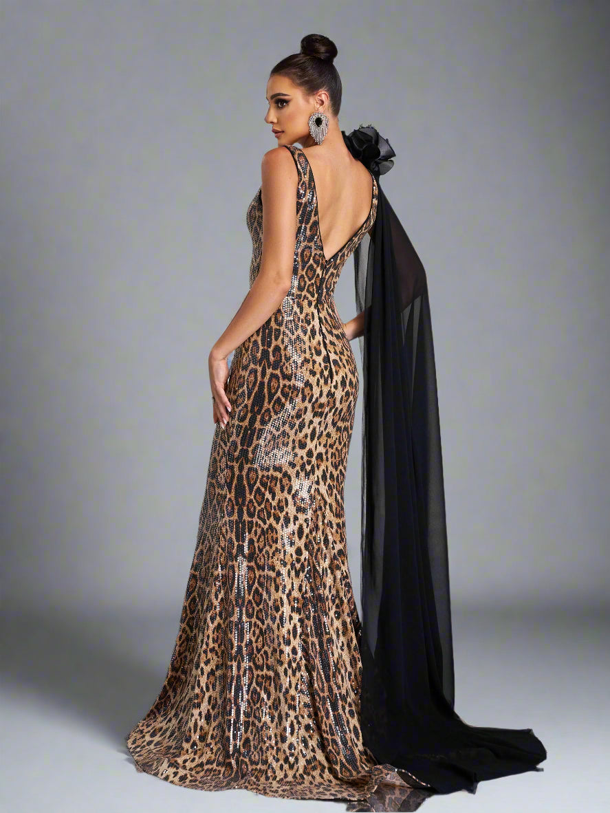  Leopard Sequin One-Shoulder Cape Gown