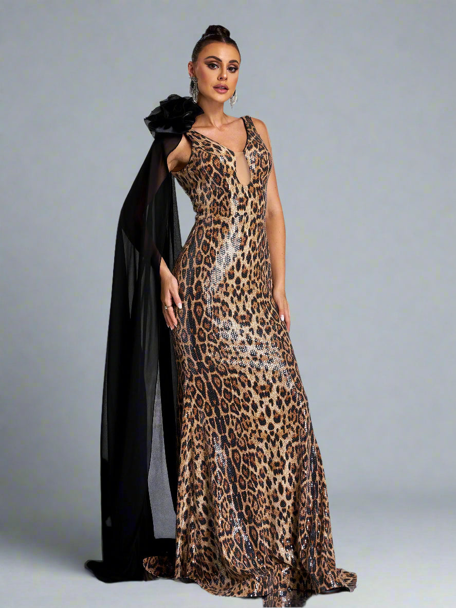  Leopard Sequin One-Shoulder Cape Gown