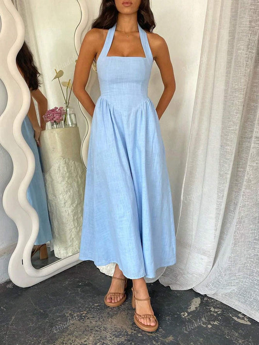  Linen Halter Maxi Summer Dress