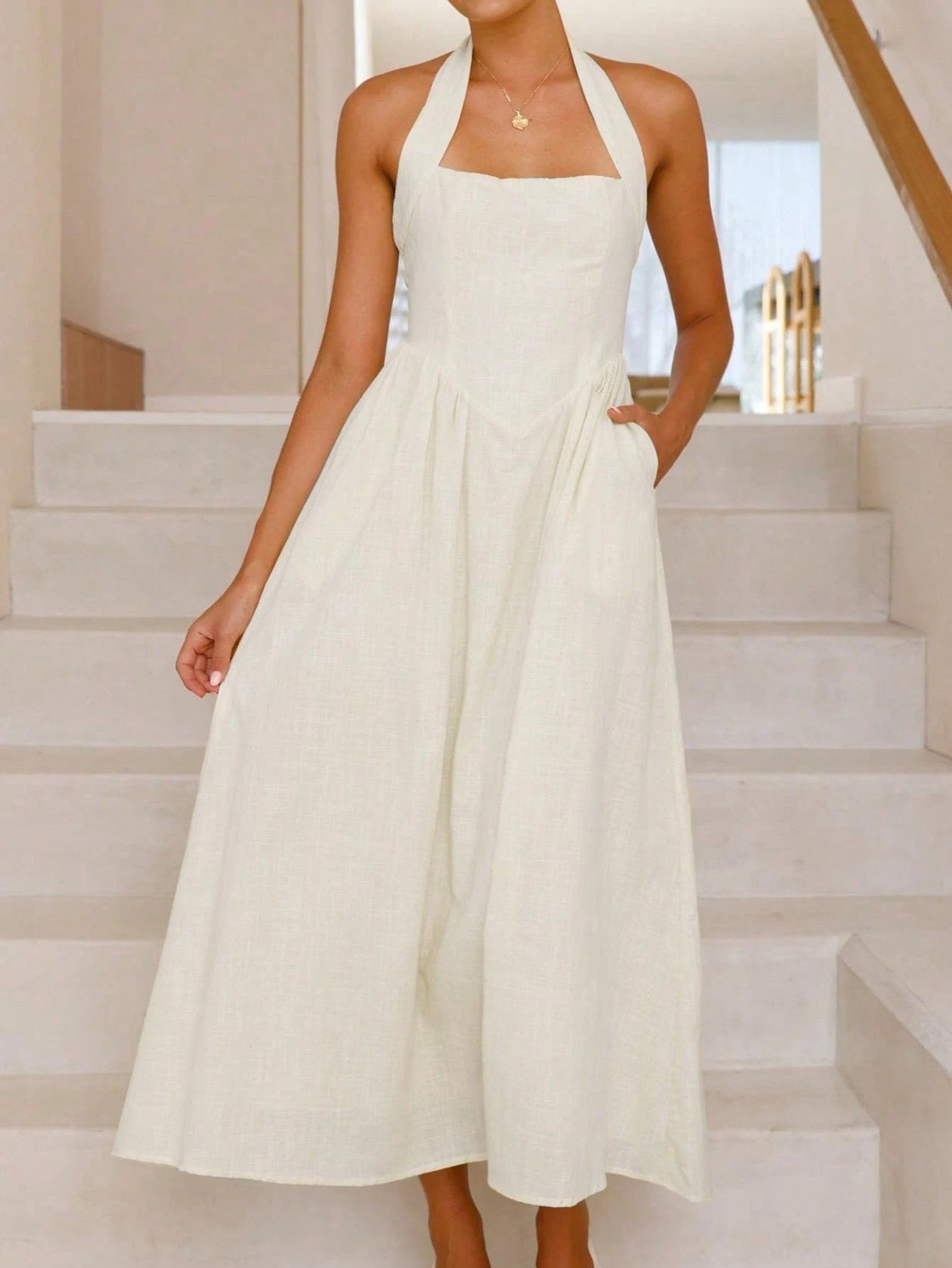  Linen Halter Maxi Summer Dress