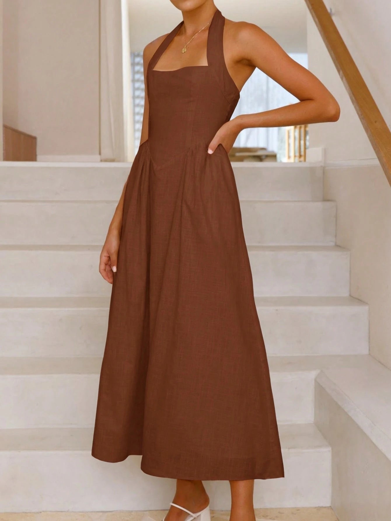  Linen Halter Maxi Summer Dress