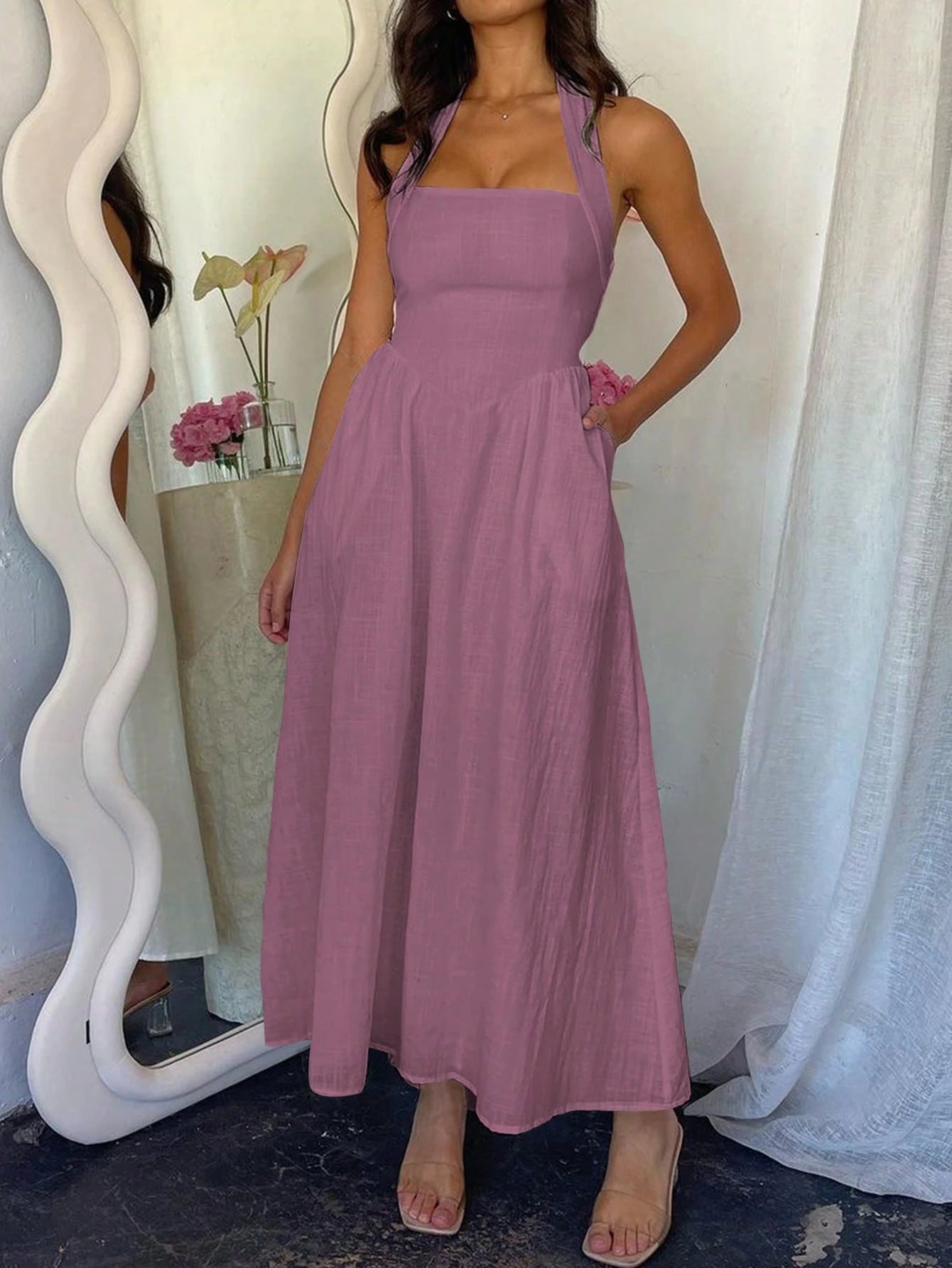  Linen Halter Maxi Summer Dress