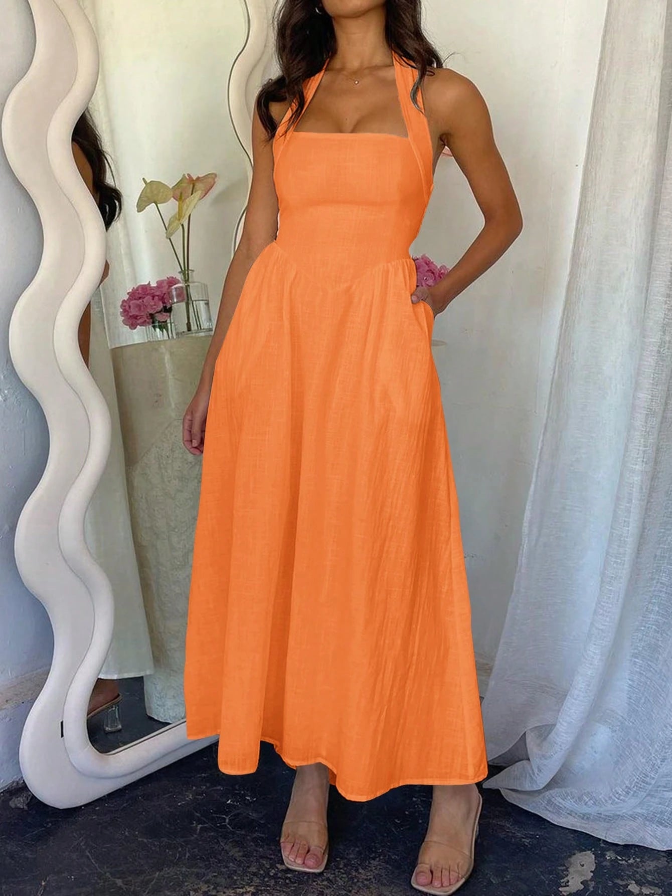  Linen Halter Maxi Summer Dress