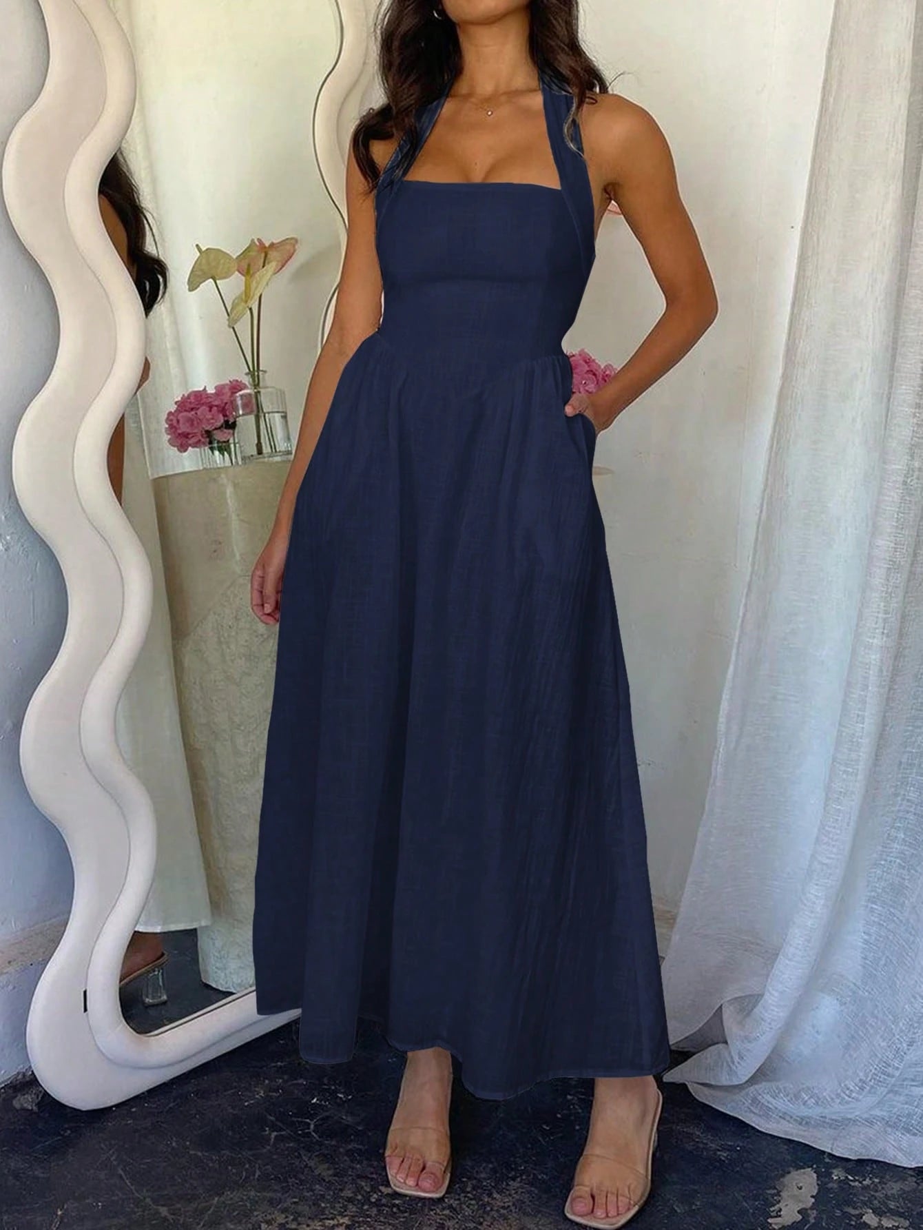  Linen Halter Maxi Summer Dress