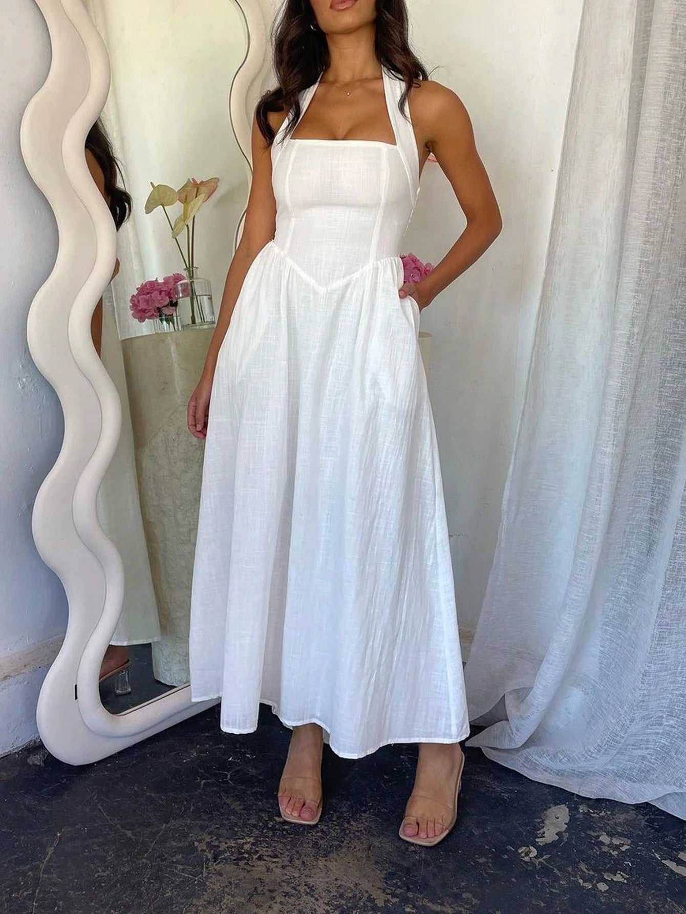  Linen Halter Maxi Summer Dress
