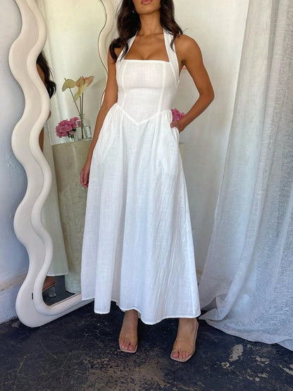  Linen Halter Maxi Summer Dress