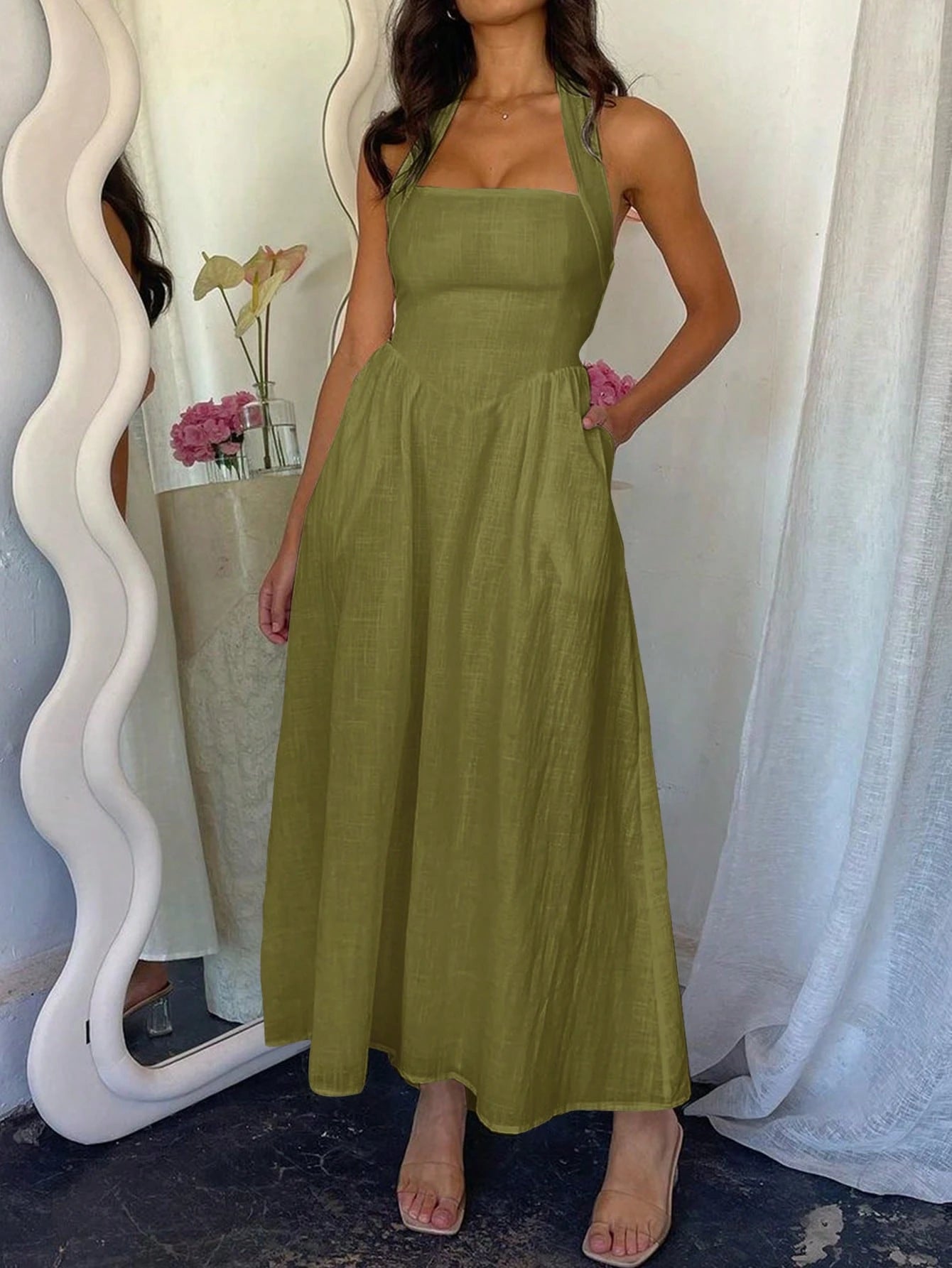  Linen Halter Maxi Summer Dress