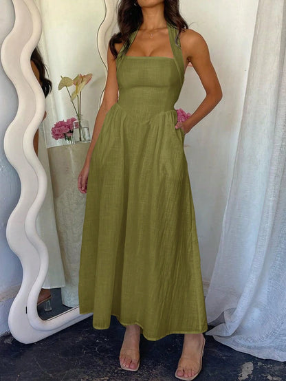  Linen Halter Maxi Summer Dress