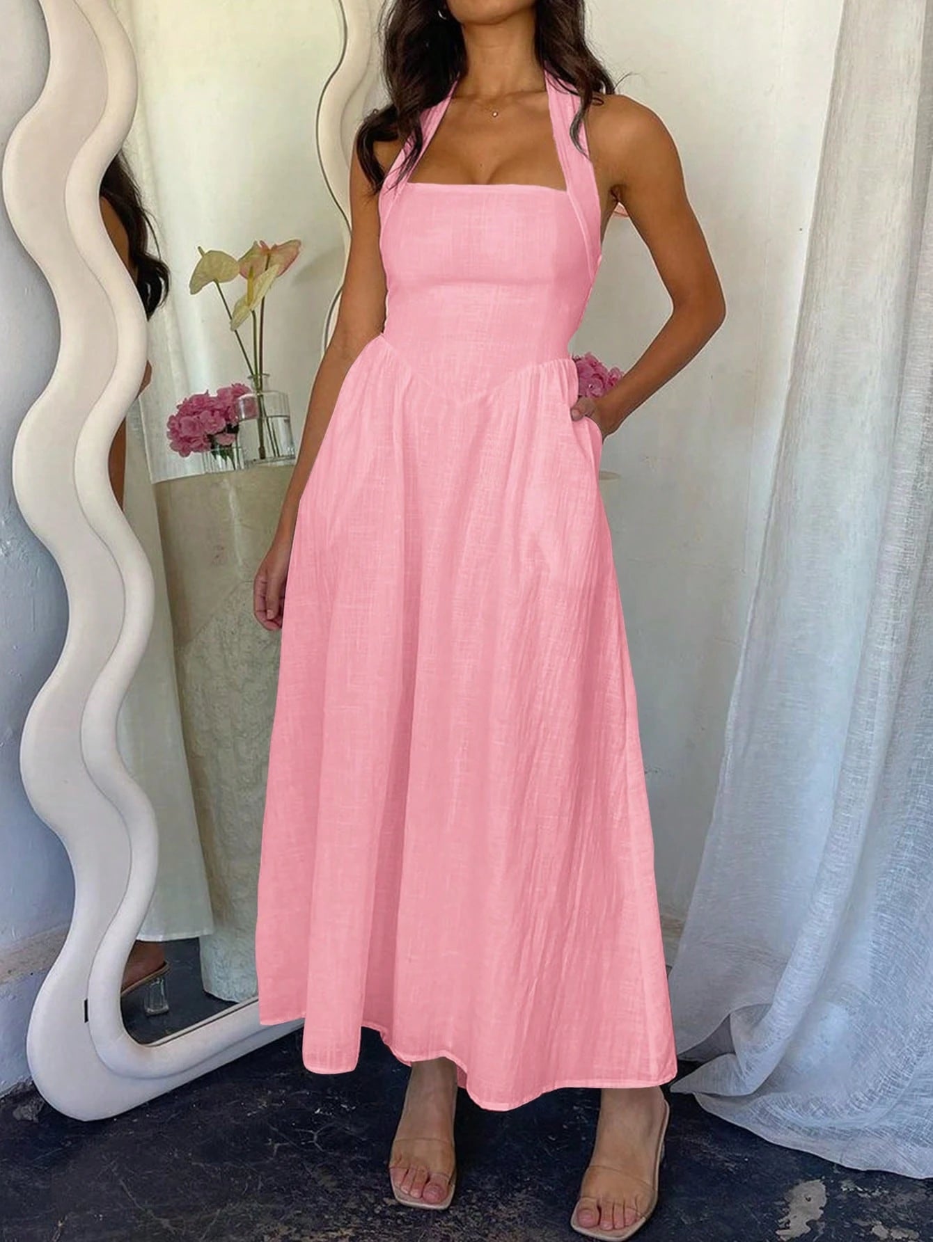  Linen Halter Maxi Summer Dress