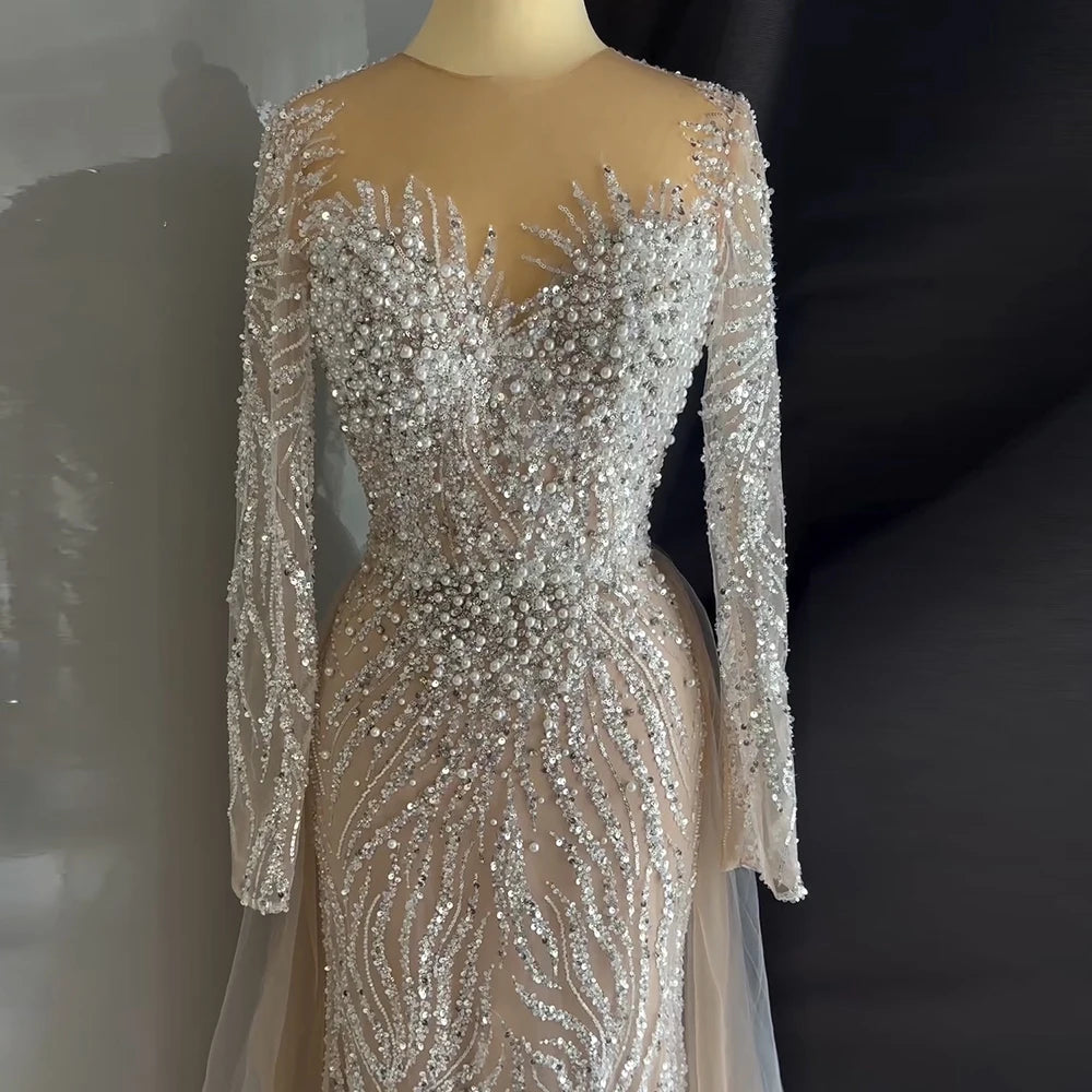 Long Sleeve Beaded Nude Tulle Evening Gown