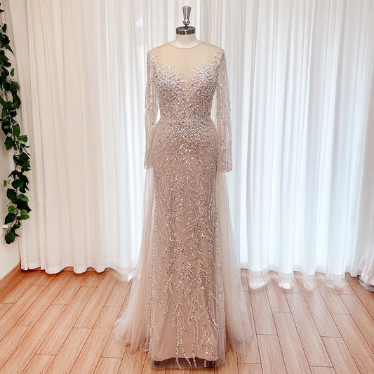 Long Sleeve Beaded Nude Tulle Evening Gown