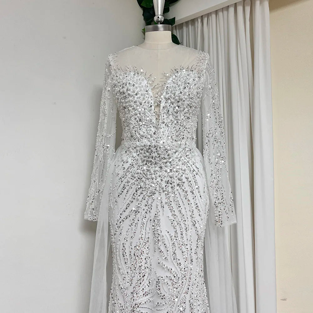 Long Sleeve Beaded Nude Tulle Evening Gown
