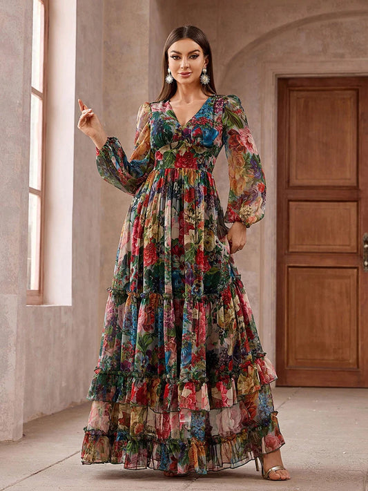 Long Sleeve Floral Tiered Maxi Dress