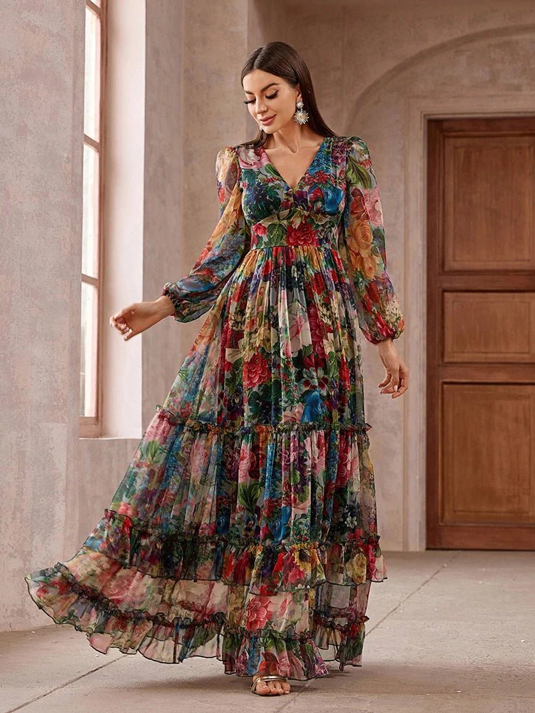 Long Sleeve Floral Tiered Maxi Dress
