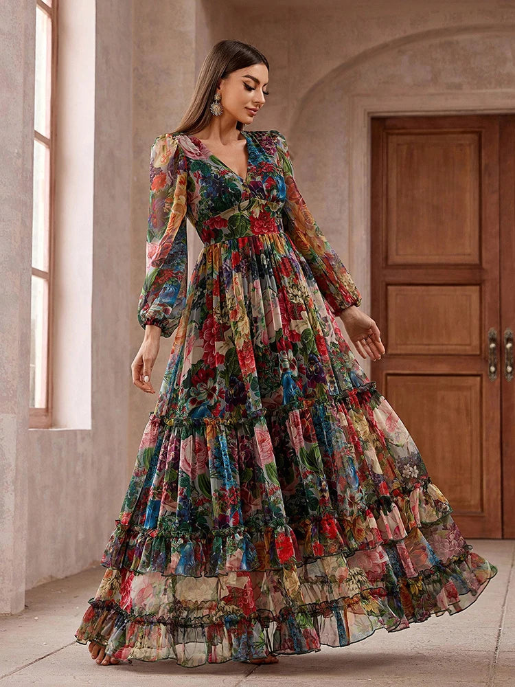 Long Sleeve Floral Tiered Maxi Dress