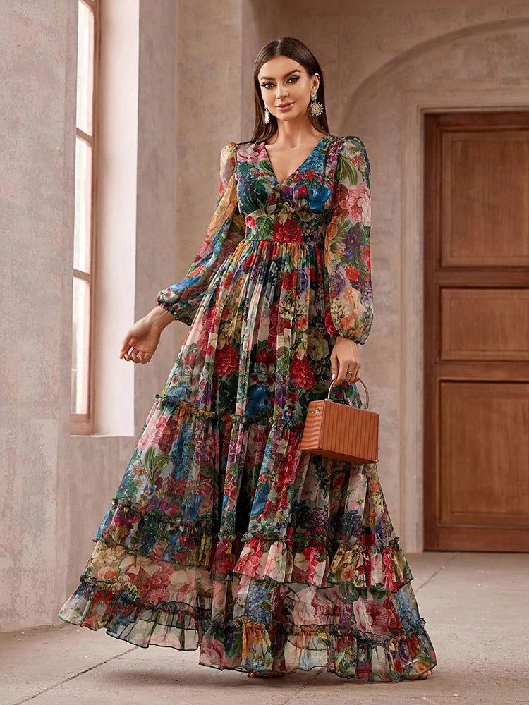 Long Sleeve Floral Tiered Maxi Dress