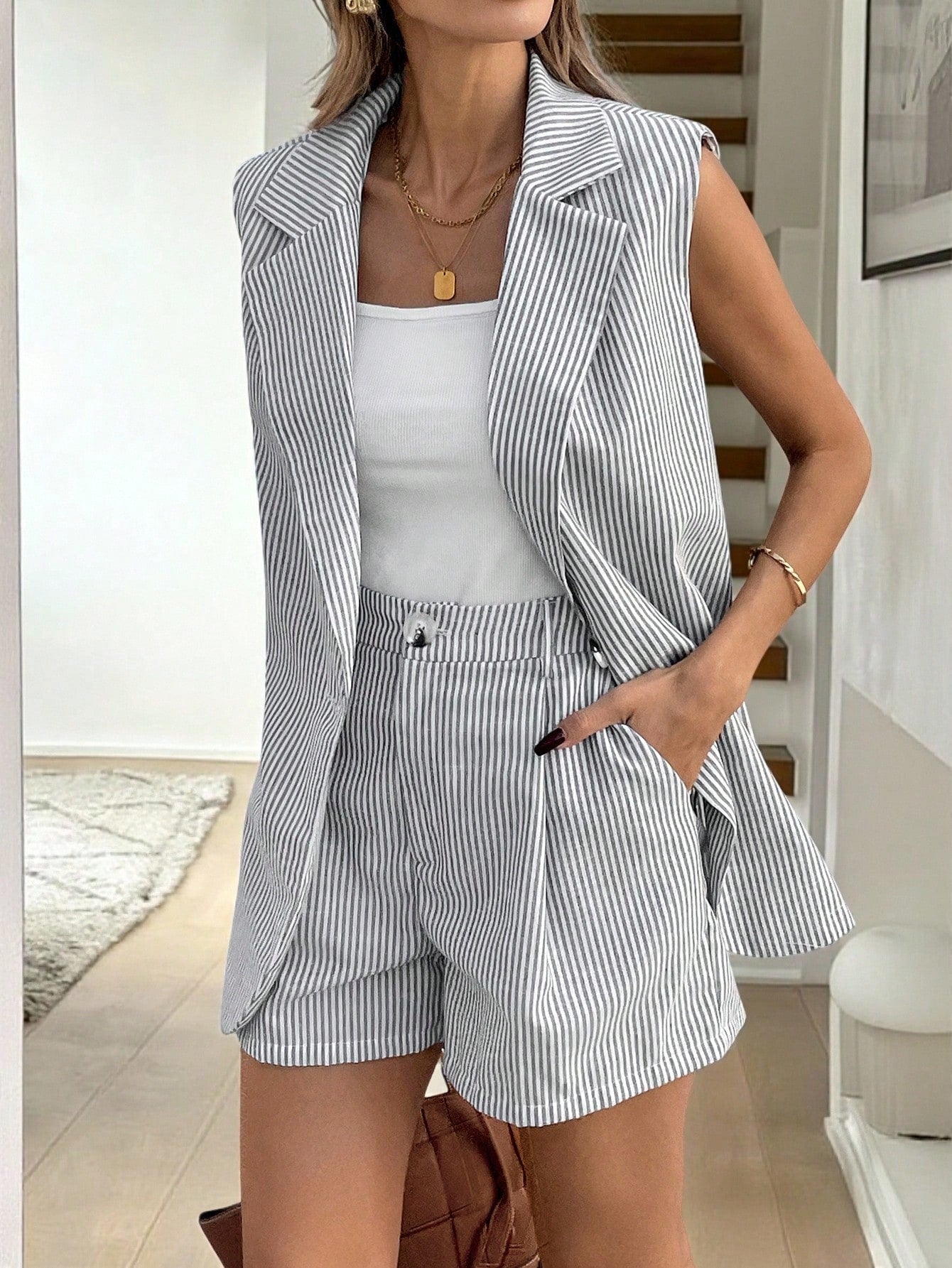  Longline Striped Waistcoat Shorts Set