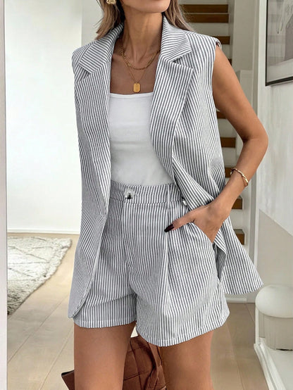  Longline Striped Waistcoat Shorts Set