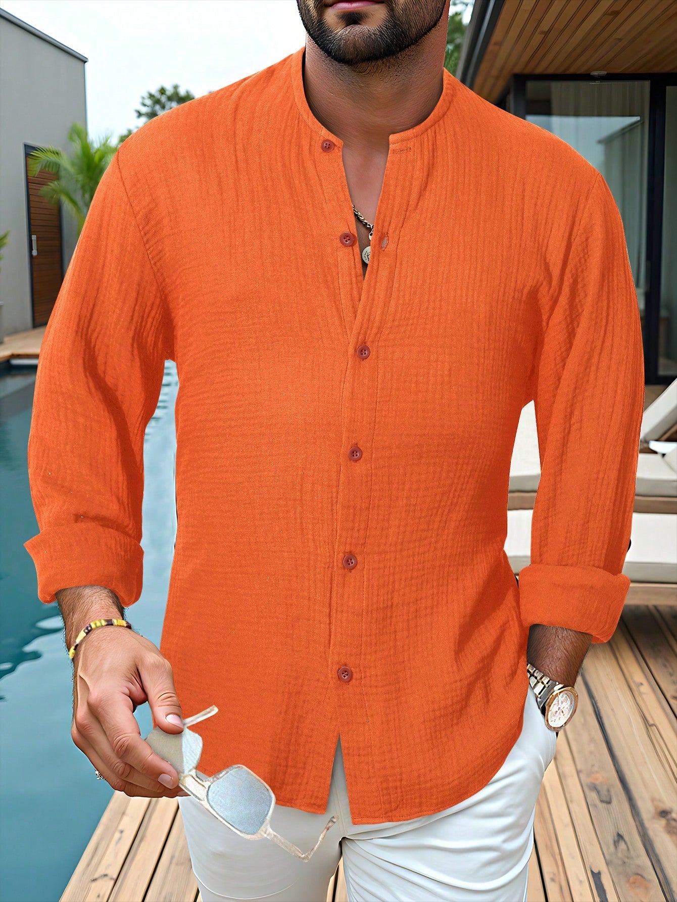 ChiClick | Collarless Textured Linen Shirt