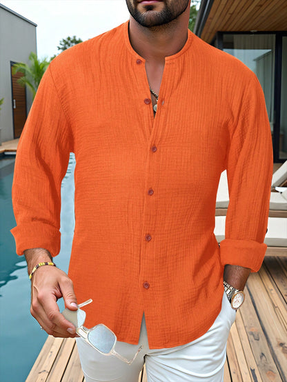 ChiClick | Collarless Textured Linen Shirt