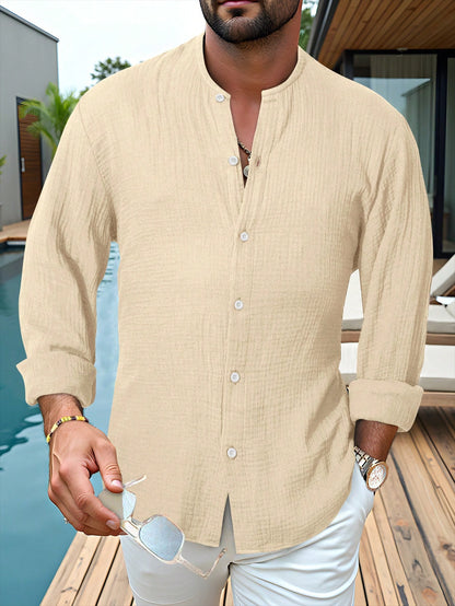 ChiClick | Collarless Textured Linen Shirt