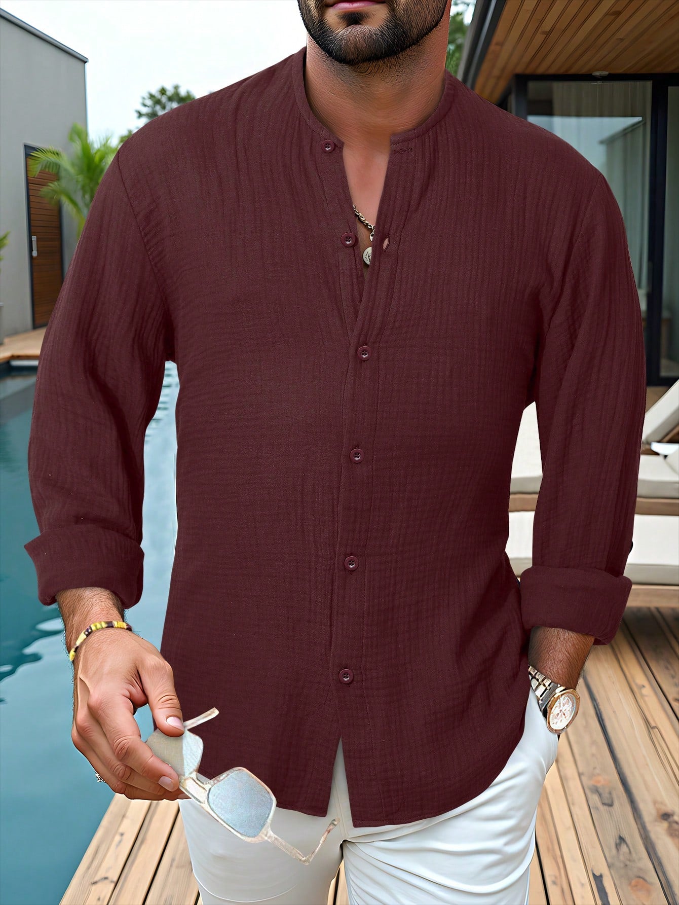 ChiClick | Collarless Textured Linen Shirt