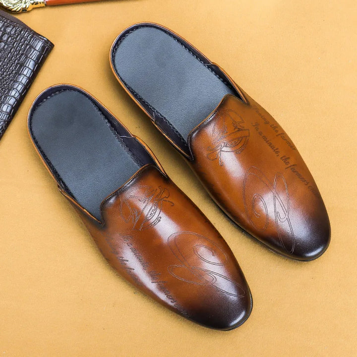Men's Engraved Leather Loafer Mules