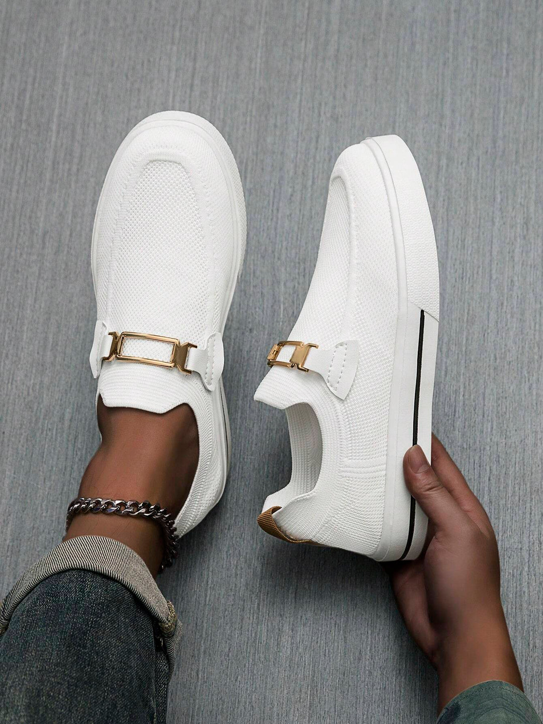  Men's Knit Buckle Slip On Sneakers