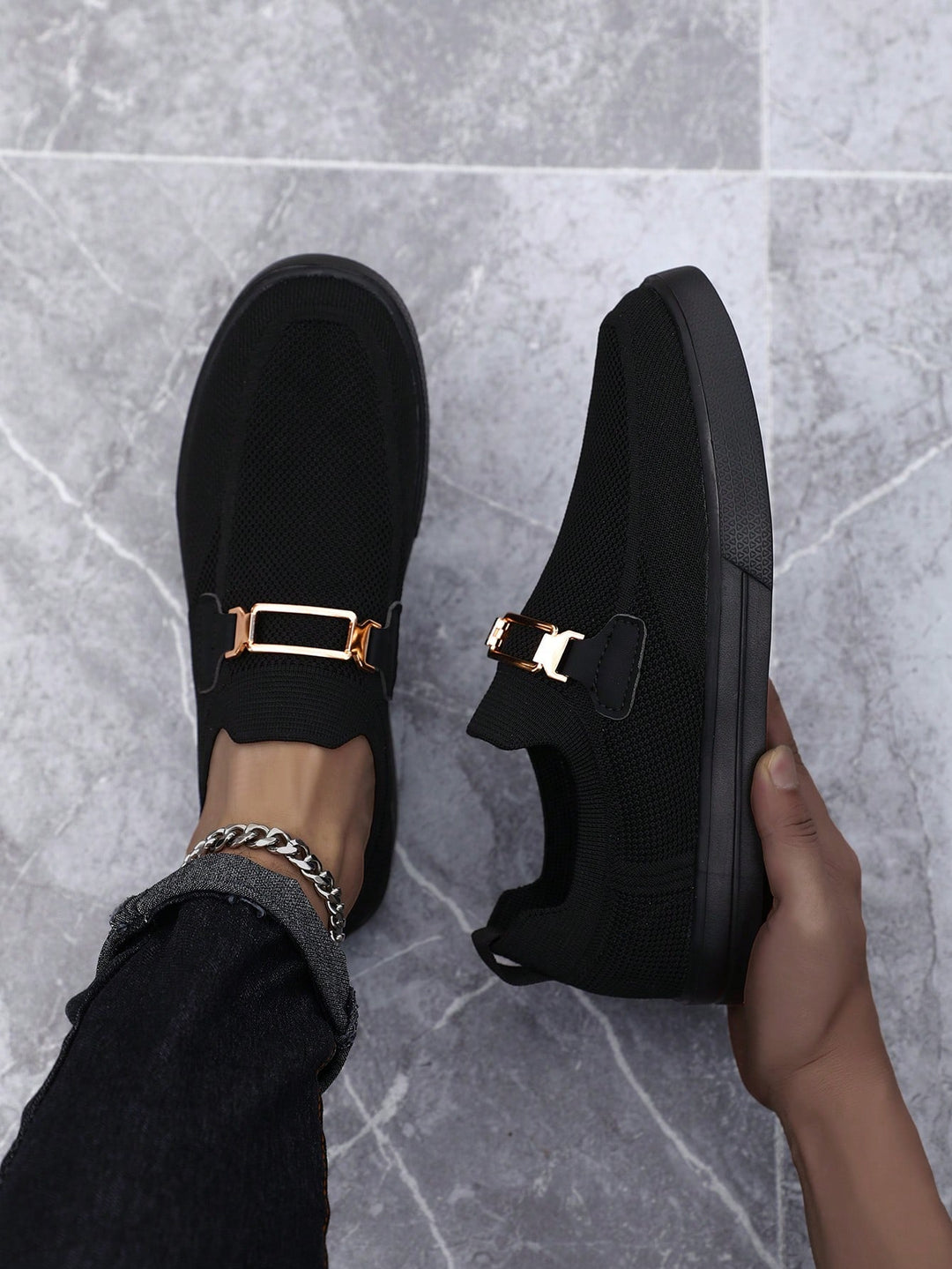  Men's Knit Buckle Slip On Sneakers