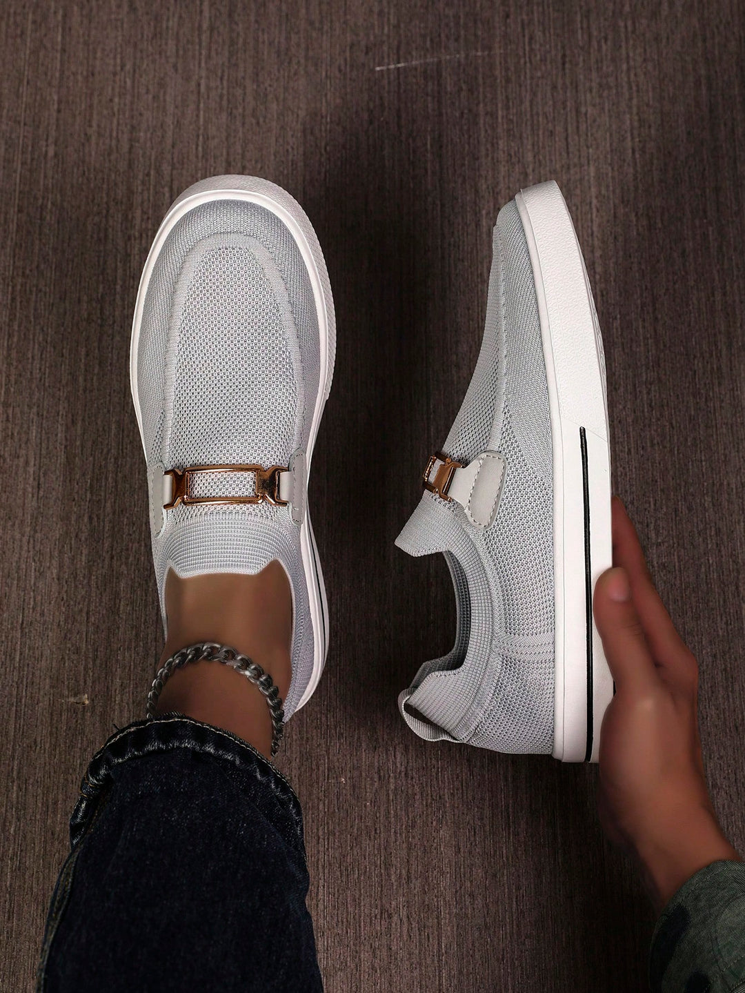  Men's Knit Buckle Slip On Sneakers