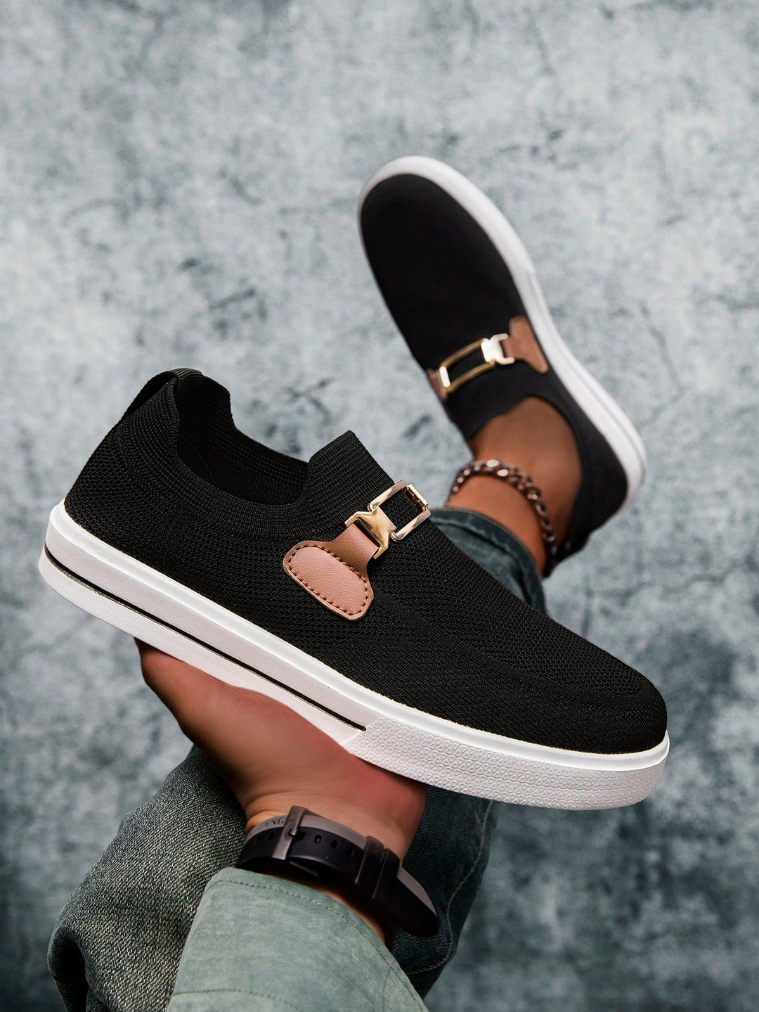  Men's Knit Buckle Slip On Sneakers