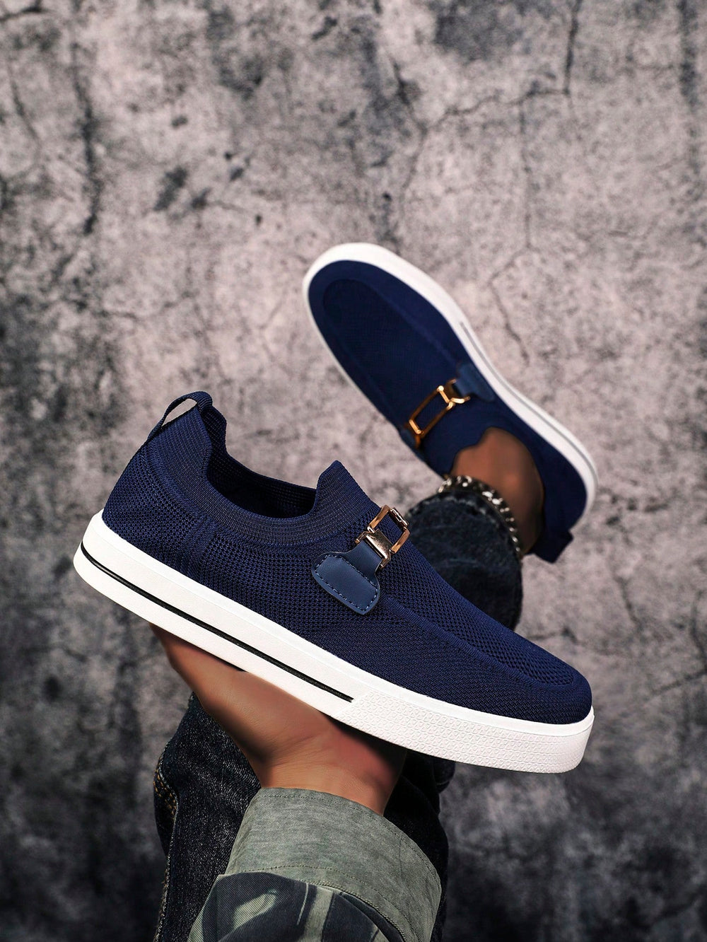  Men's Knit Buckle Slip On Sneakers