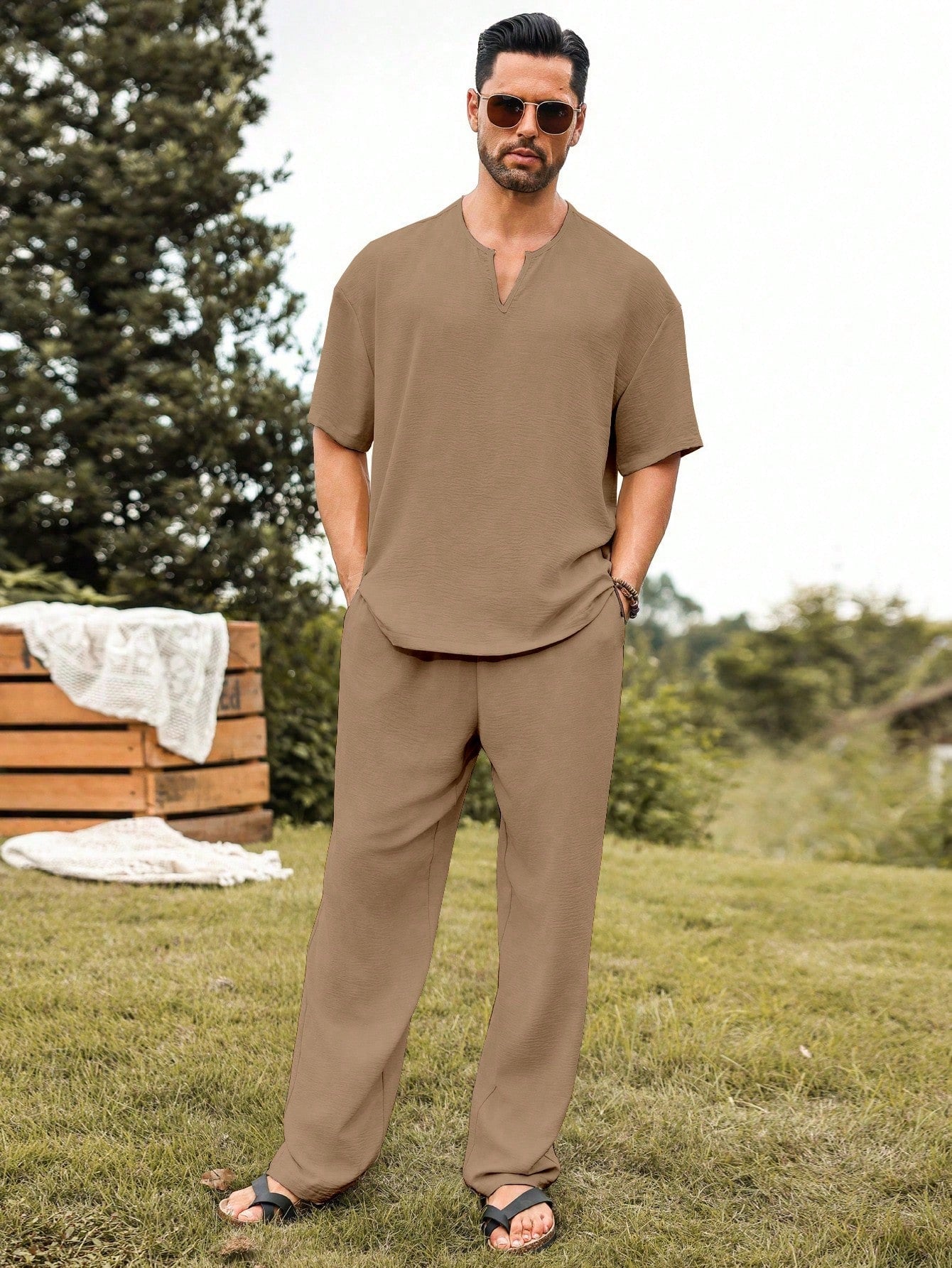 Mens Linen V-Neck Lounge Set