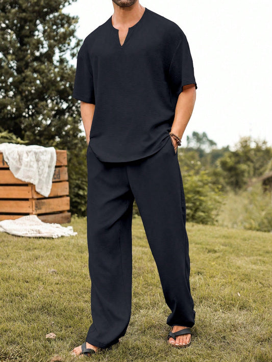 Mens Linen V-Neck Lounge Set