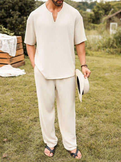 Mens Linen V-Neck Lounge Set