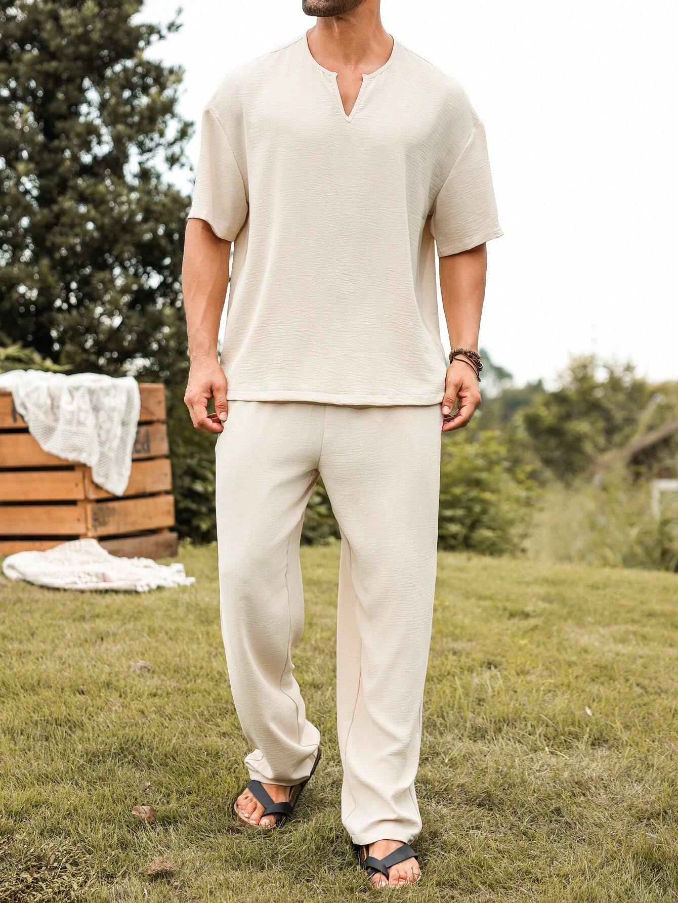 Mens Linen V-Neck Lounge Set