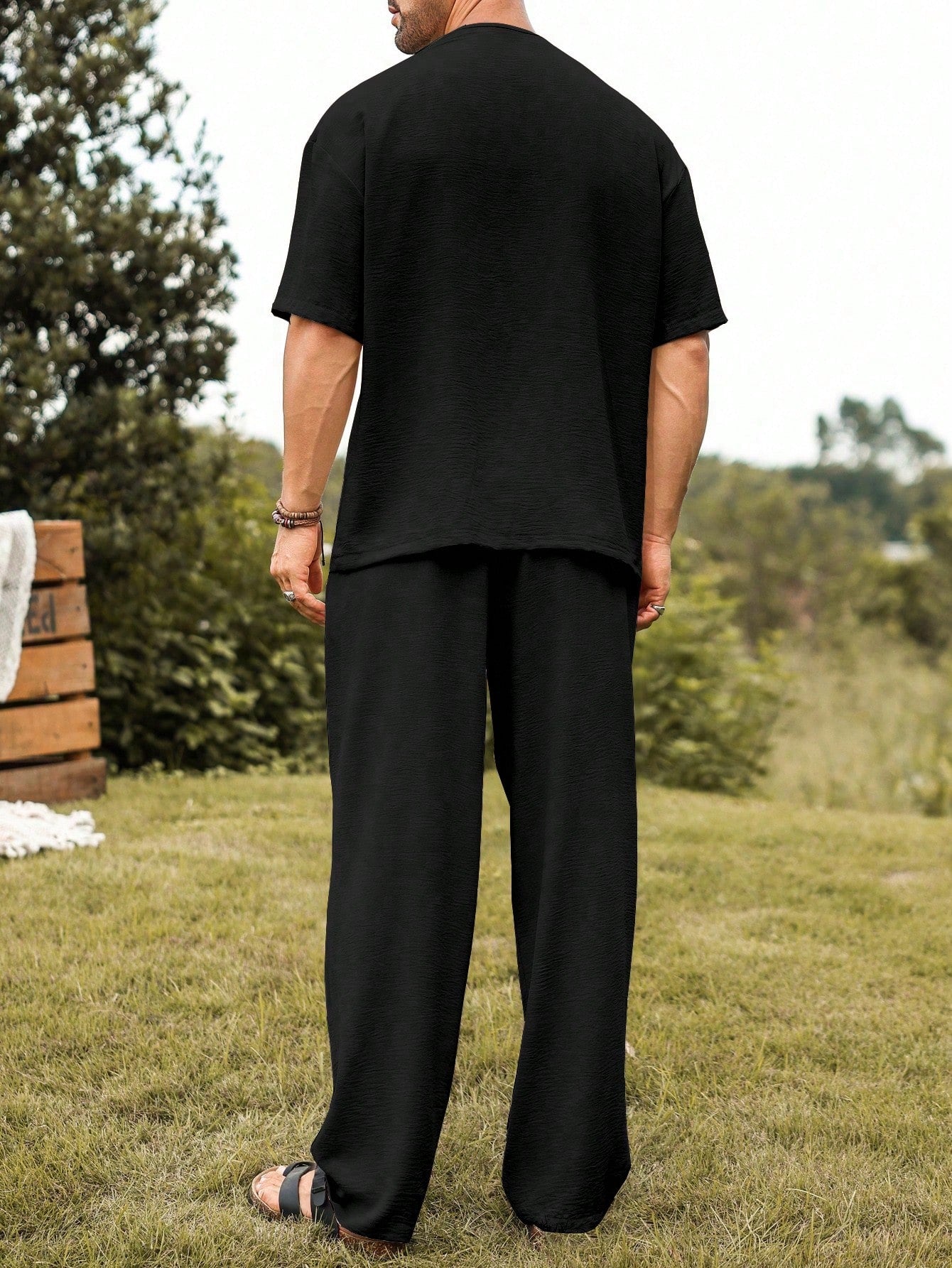 Mens Linen V-Neck Lounge Set