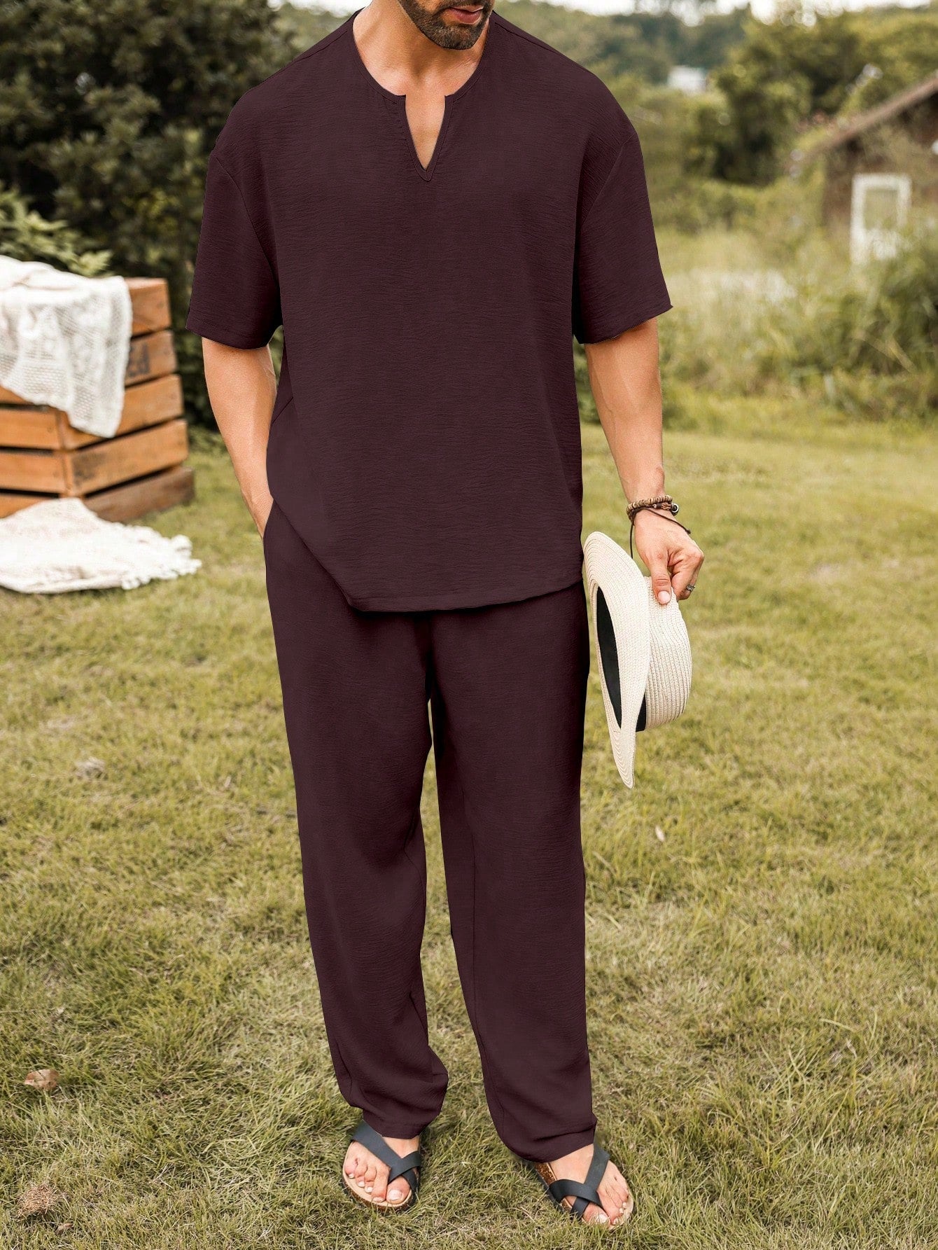 Mens Linen V-Neck Lounge Set