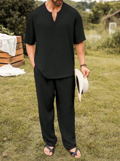 Mens Linen V-Neck Lounge Set